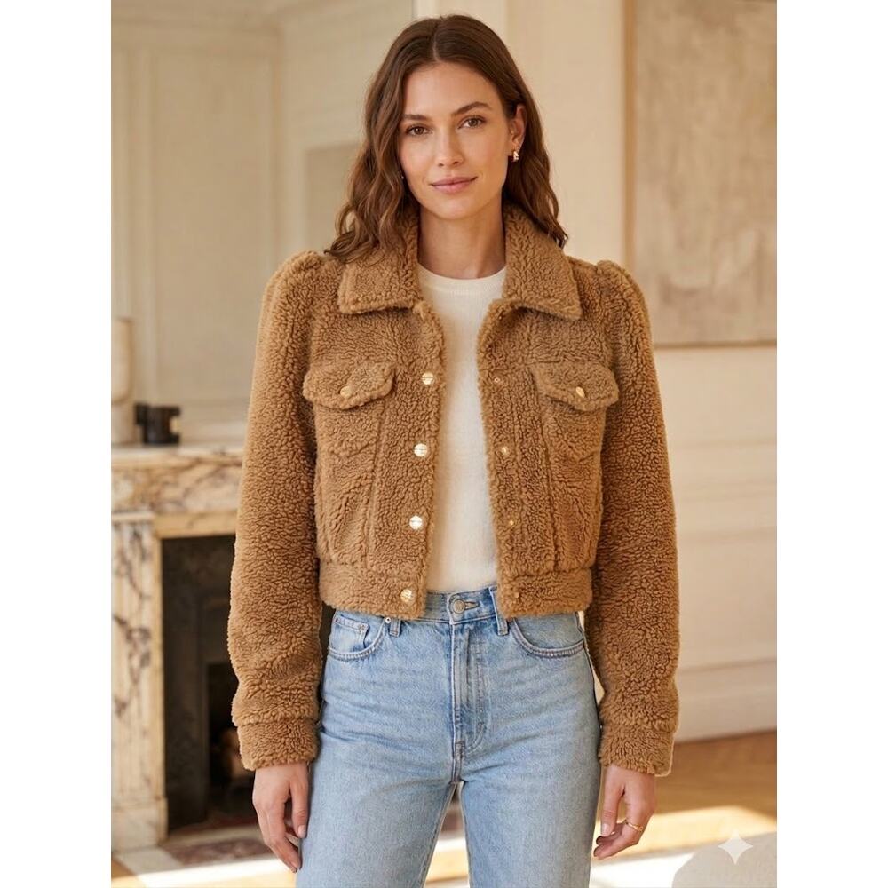 Retrofete Brie Teddy Jacket Medium Cropped Brown Sherpa Faux Shearling